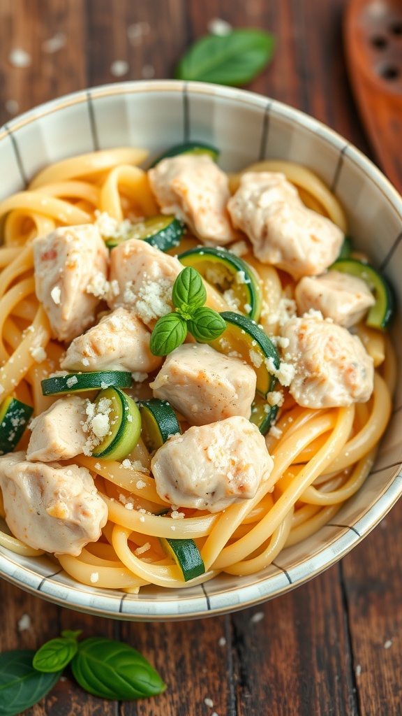 A delicious bowl of creamy chicken zucchini pasta garnished with Parmesan and basil.